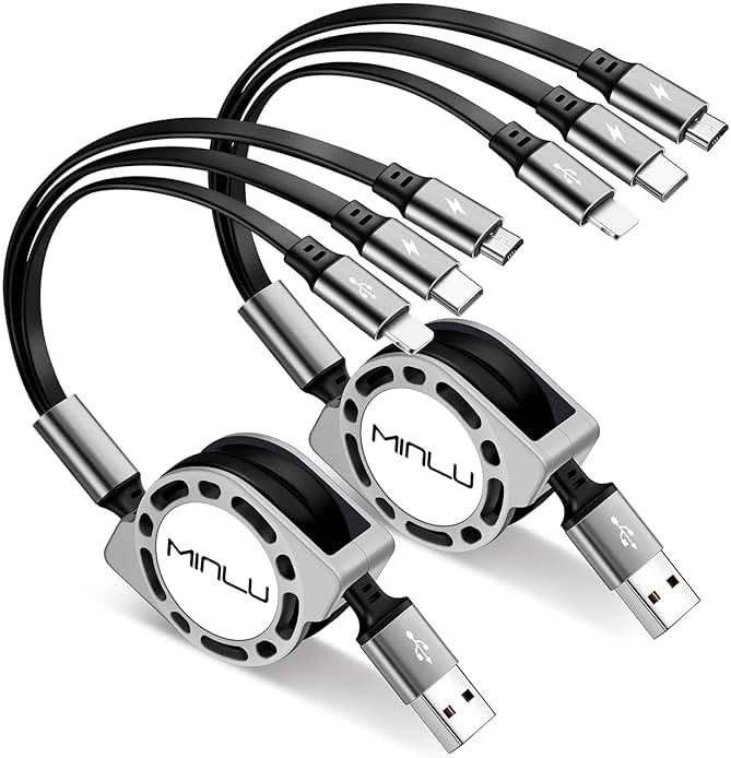 Multi Charging Cable 3A, [2Pack 4ft] Retractable Multi Charging Cord 3 in 1 Fast Charger Cord, USB C Charger Adapter with Lightning/Type C/Micro USB Ports for Cell Phones/iPhone/Samsung/PS/Tablets - Product Image