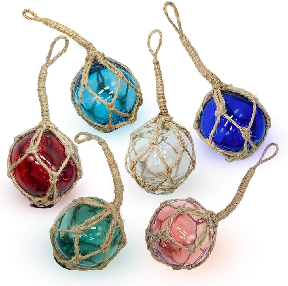 SAILINGSTORY Glass Fishing Float Buoy Nautical Beach Ornaments for Christmas Tree Coastal Decorative Balls for Centerpiece Bowl 2" Set of 6 Color Pack - Product Image