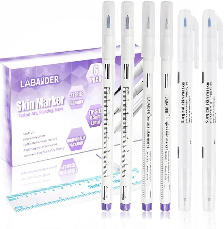 LabAider 6Pcs Professional Surgical Tip Skin Marker Pen Sterile Tattoo Stencil Markers Pen with Paper Ruler for Eyebrow, Lips - Individually Wrapped (0.5MM&1MM) - Product Image