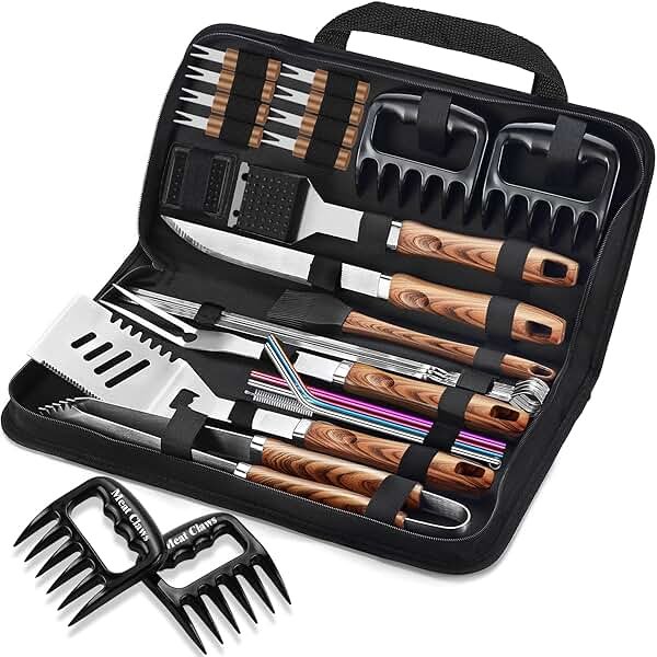 ROMANTICIST 23pcs Heavy Duty Grilling Gifts for Men Dad Fathers Day, Extra Thick BBQ Accessories Tools Set, Stainless Steel Grill Utensils Kit with Meat Claws,Canvas Bag for Outdoor Camping Brown - Product Image