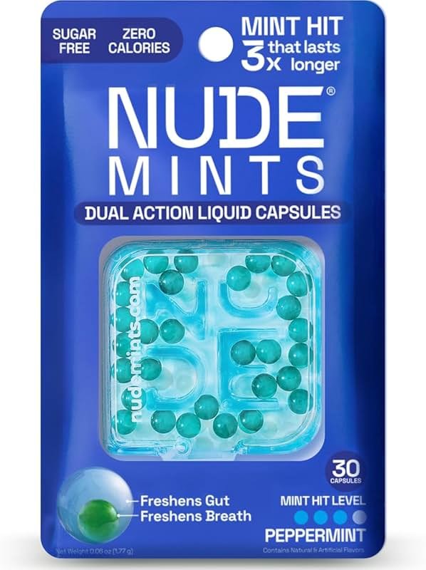 NUDE MINTS | Dual Action Liquid Capsules | Mouth Watering Mint - Lasts 3X Longer - 3X Stronger - Extreme Bad Breath Treatment For Adults - Sugar Free, 0 Calorie - Peppermint - 5 Pack - 150 Capsules - Product Image
