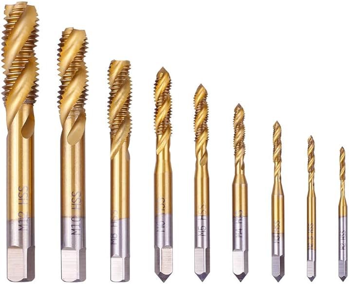 Rocaris 9 Pack of M2 M2.5 M3 M4 M5 M6 M8 M10 M12 Titanium Coated HSS Spiral Flute Metric Taps Set - Product Image