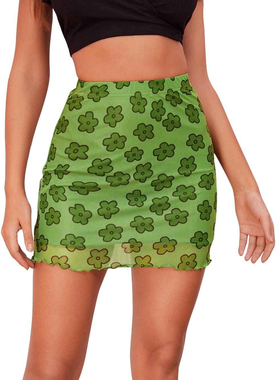 Verdusa Women's Floral Mesh Overlay Elastic Waist Bodycon Mini Skirt - Product Image