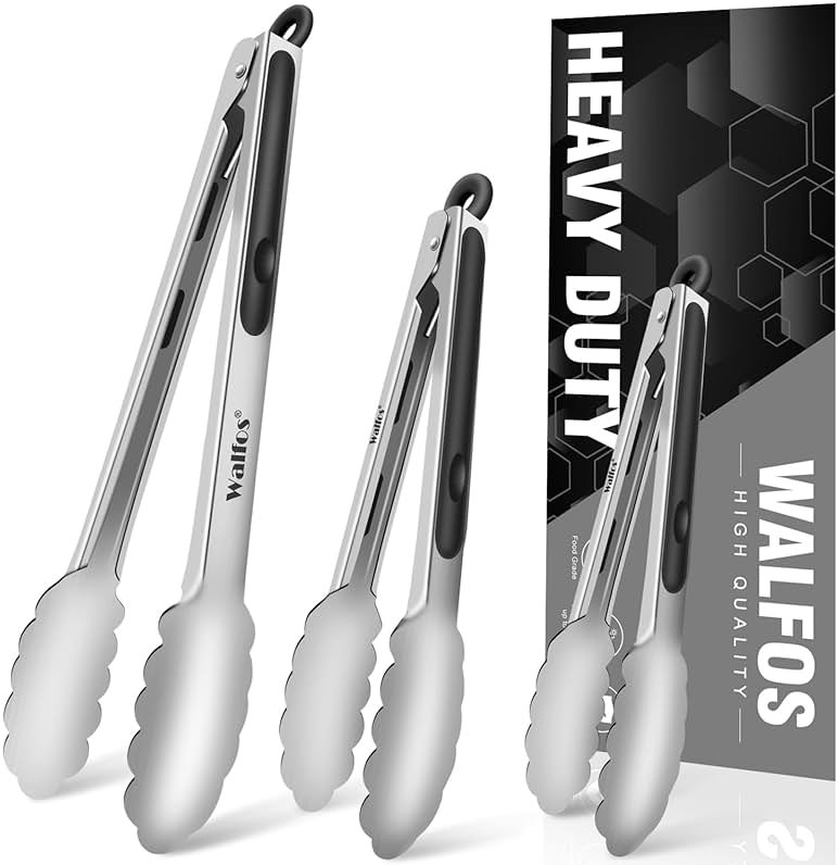 Food Grade Stainless Steel Kitchen Tongs for Cooking,BBQ - 7 ，9 and 12 Inch,Set of 3 Heavy Duty Locking Metal Food Tongs Non-Slip Grip - Product Image
