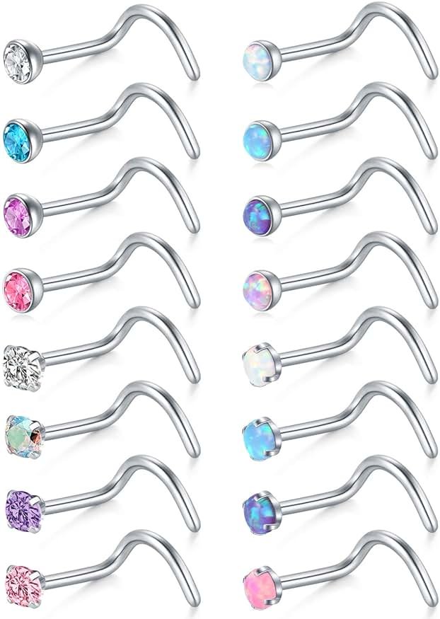 Briana Williams 20G Nose Screw Studs - Surgical Steel Nose Rings, 1.5mm, 2mm, 2.5mm CZ Inlaid Opal Nostril Piercing Jewelry - Product Image