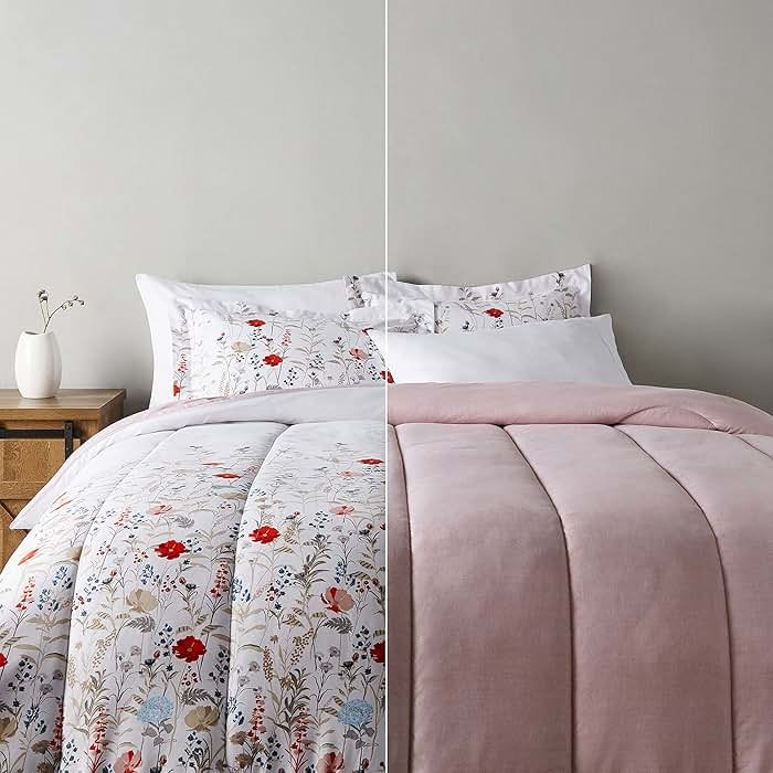 Amazon Basics Full/Queen Size Ultra-Soft Lightweight Microfiber Reversible 3-Piece Bedding Comforter Set, Pink Floral, Washable - Product Image