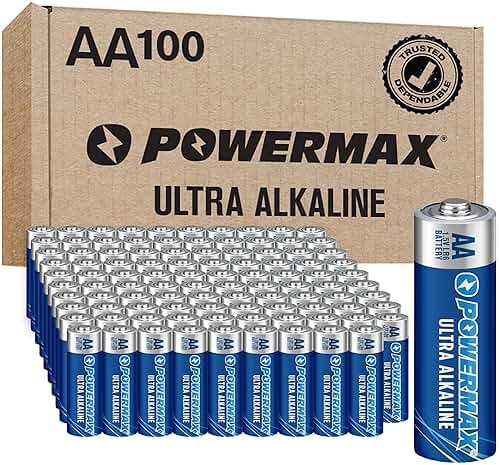 Powermax 100-Count Double AA Batteries, Ultra Long Lasting Alkaline Battery for Home and Office, 10-Year Shelf Life, Reclosable Packaging - Product Image