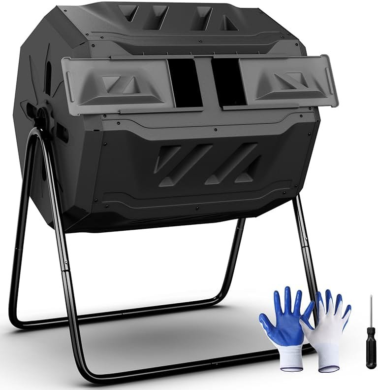 SUPER DEAL Outdoor Compost Tumbler, 43 Gallon Dual Chamber BPA Free Large Compost Bin 360° Rotating Tumbling Composter for Garden Yard, Black - Product Image