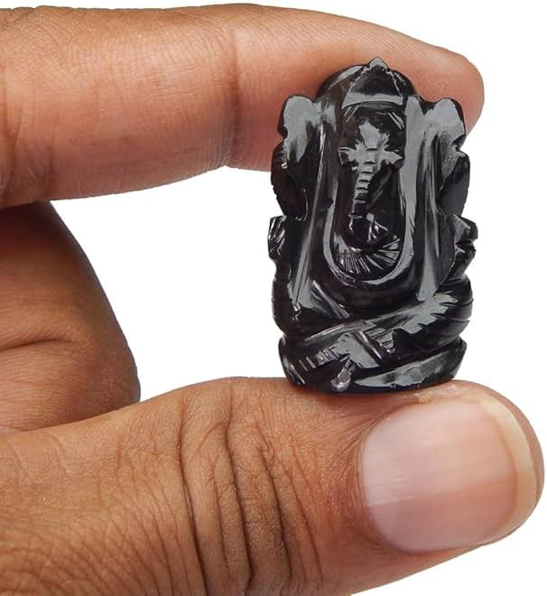 Myhealingworld Natural Black Agate Gemstone Ganesha Statue Sculpture Sign of Success and Good Luck. - Product Image