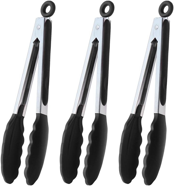HINMAY Serving Tongs 9" Cooking Tongs with Silicone Tips, Set of 3 (Black) - Product Image