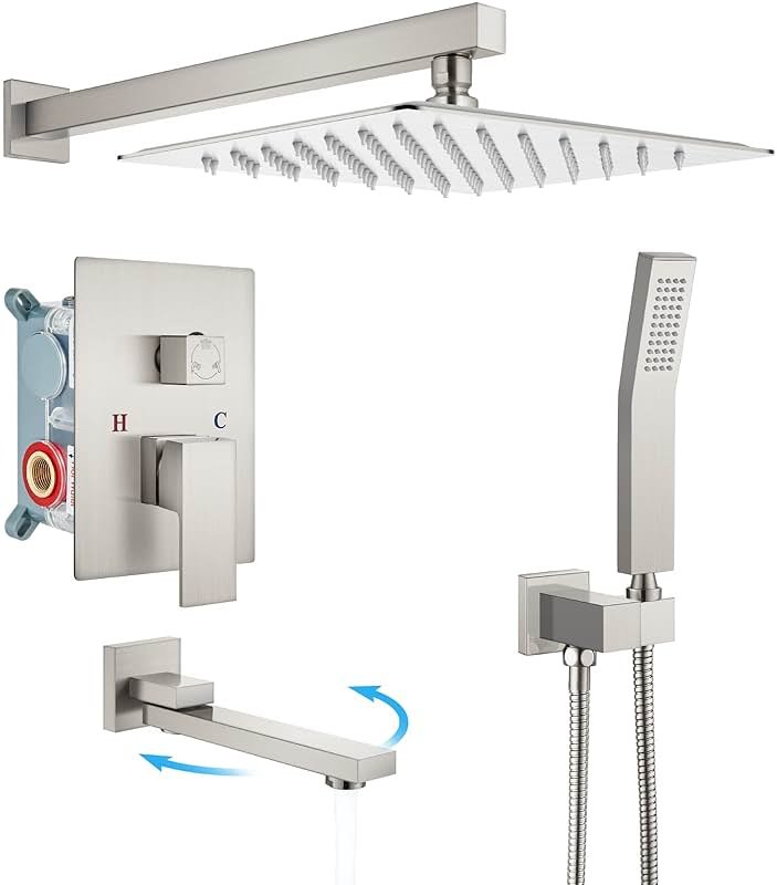 gotonovo Rainfall Tub Shower Faucet Set Bathroom Shower System with Tub Spout Wall Mount Square High Pressure Shower Fixtures with Handheld Sprayer Rough-In Valve 10'' Shower Head,Brushed Nickel - Product Image