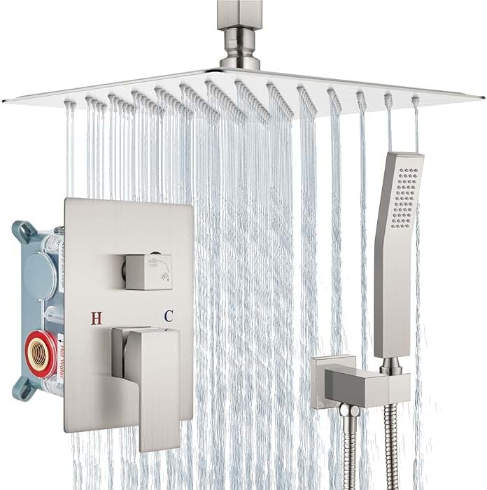 Aolemi Ceiling Mount Shower System Rain Shower Head with Handheld Spray High Pressure Shower Faucet Set Rough-in Valve Shower Trim Kit Included Bathroom Brushed Nickel 12 Inch Ceiling Shower Head - Product Image