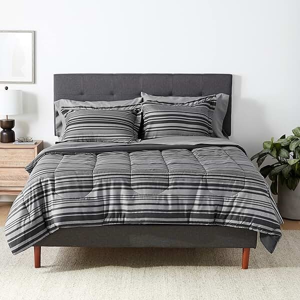 Amazon Basics Full/Queen Comforter Set with Sheets, 7-Piece Gray Calvin Stripe Bedding, Lightweight Microfiber Bed-in-a-Bag, Striped - Product Image