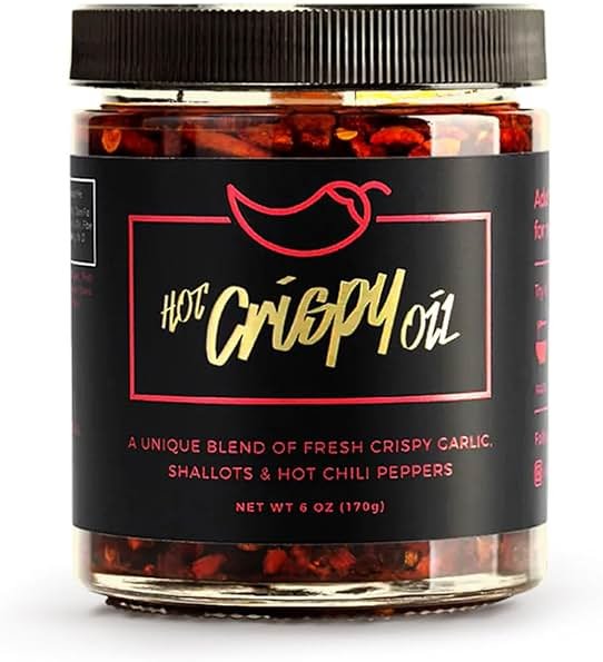 Hot Crispy Oil - Spicy Chili Crisp Blend of Olive Oil, Fresh Crispy Garlic, Shallots & Hot Chili Peppers - Designed for Pizza, Pasta, Eggs, Bread & More - Made in USA - Mild Heat - 6 fl oz - Original - Product Image