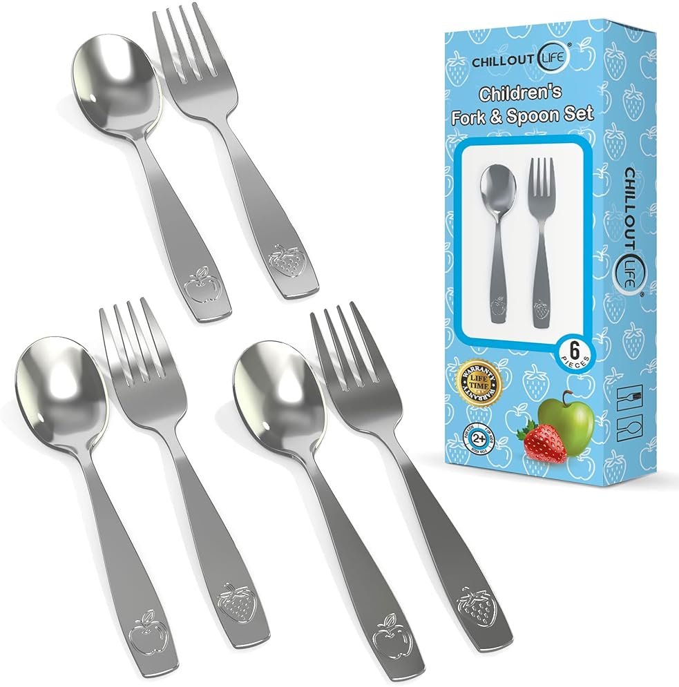 CHILLOUT LIFE Stainless Steel Kids Silverware Set 6 Pieces - Child and Toddler Safe Flatware - Kids Utensil Set - Metal Kids Cutlery Set (Includes 3 Small Kids Spoons & Kids 3 Forks) - Product Image