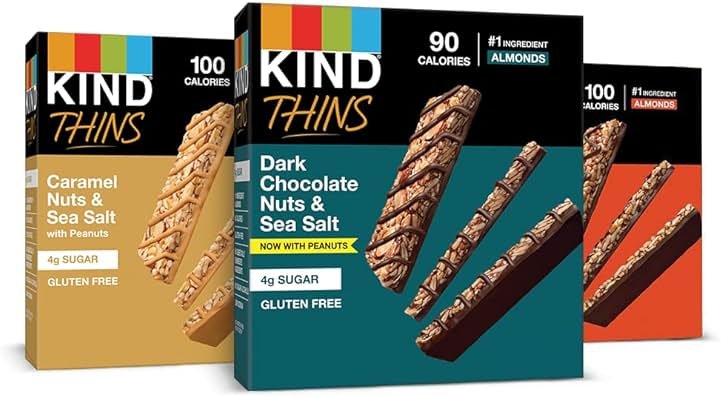 KIND Thins Snack Bars Variety Pack, Gluten Free, Low Calorie, Healthy Snacks, Dark Chocolate Nuts & Sea Salt, Caramel Almond & Sea Salt, Peanut Butter Dark Chocolate, 4g Sugar, 30 Count - Product Image