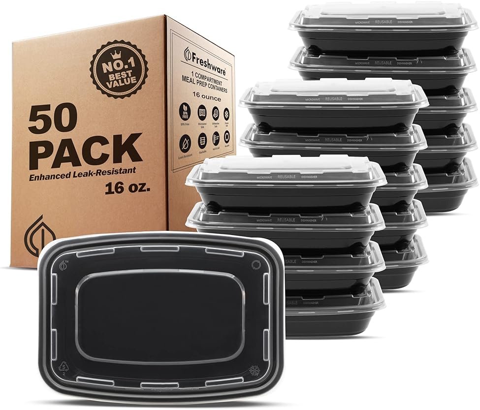 Freshware Meal Prep Containers [50 Pack] 1 Compartment Food Storage Containers with Lids, Bento Box, BPA Free, Stackable, Microwave/Dishwasher/Freezer Safe (16 oz) - Product Image