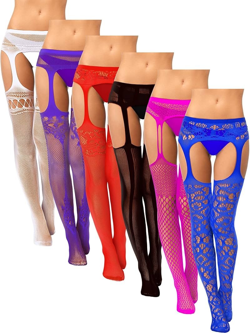 Skylety 6 Pairs Fishnet Stockings for Women Plus Size Thigh-high Tights Stockings Suspender Pantyhose Garter Belts - Product Image