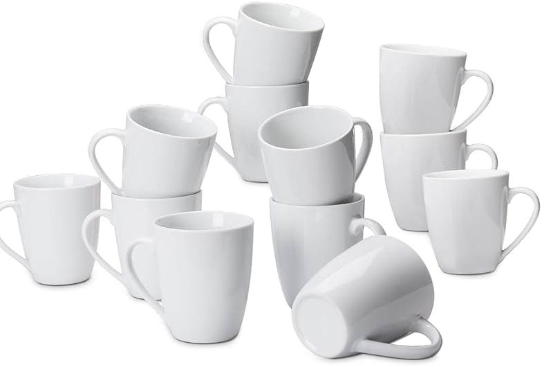Amazon Basics Porcelain Heat Resistant Coffee Mugs, Microwave and Oven Safe, 12 oz, White, 12 Count - Product Image