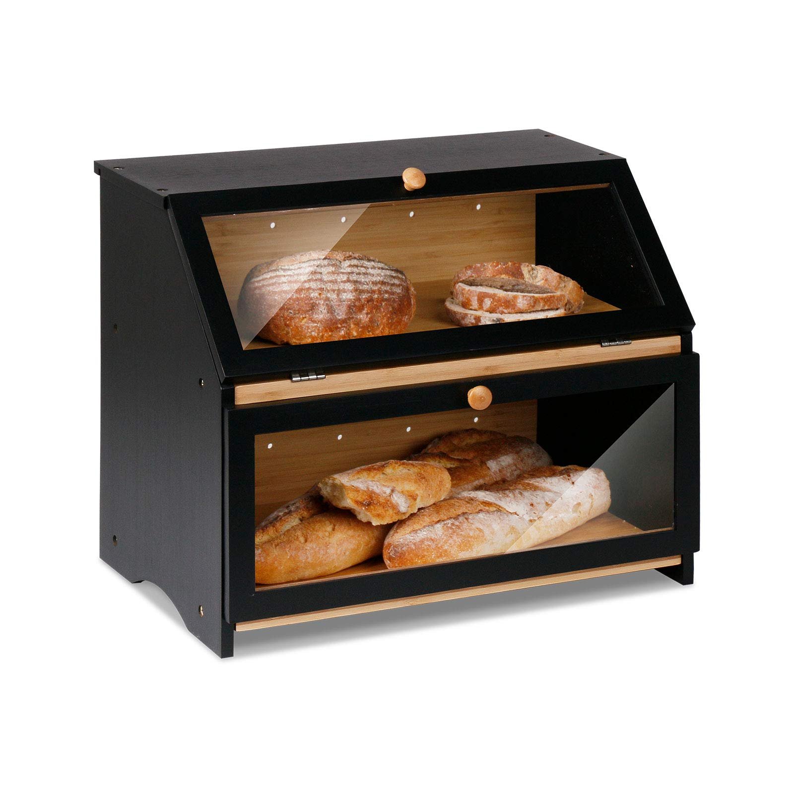 HOMEKOKO Double Layer Large Bread Box, Wooden Bread Storage Bin, Black | Large Capacity, For Kitchen Counter, See Through, Easy Assembly - Product Image