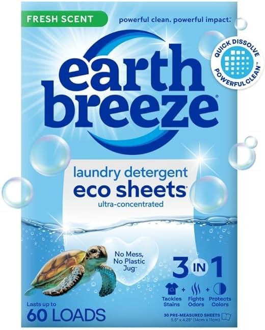 Earth Breeze Laundry Detergent Sheets Fresh Scent - 60 Loads Eco Liquidless Soap - Travel-Friendly for Hot & Cold Cycles, Tackles Tough Stains & Odors - Gentle on Skin, 30 Ct - Product Image