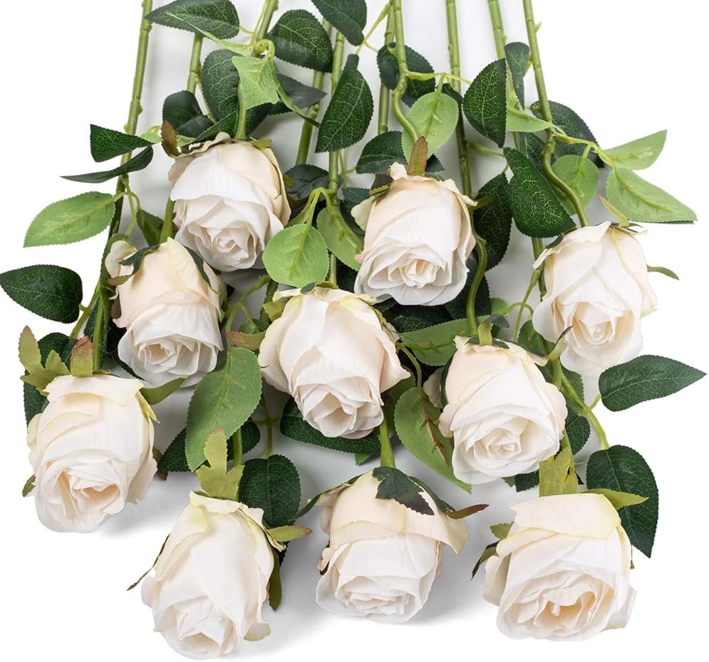 Flojery 10pcs Artificial Rose Flowers Long Stem Fake Silk Roses for DIY Wedding Bouquet Table Centerpiece Home Decor (White) - Product Image
