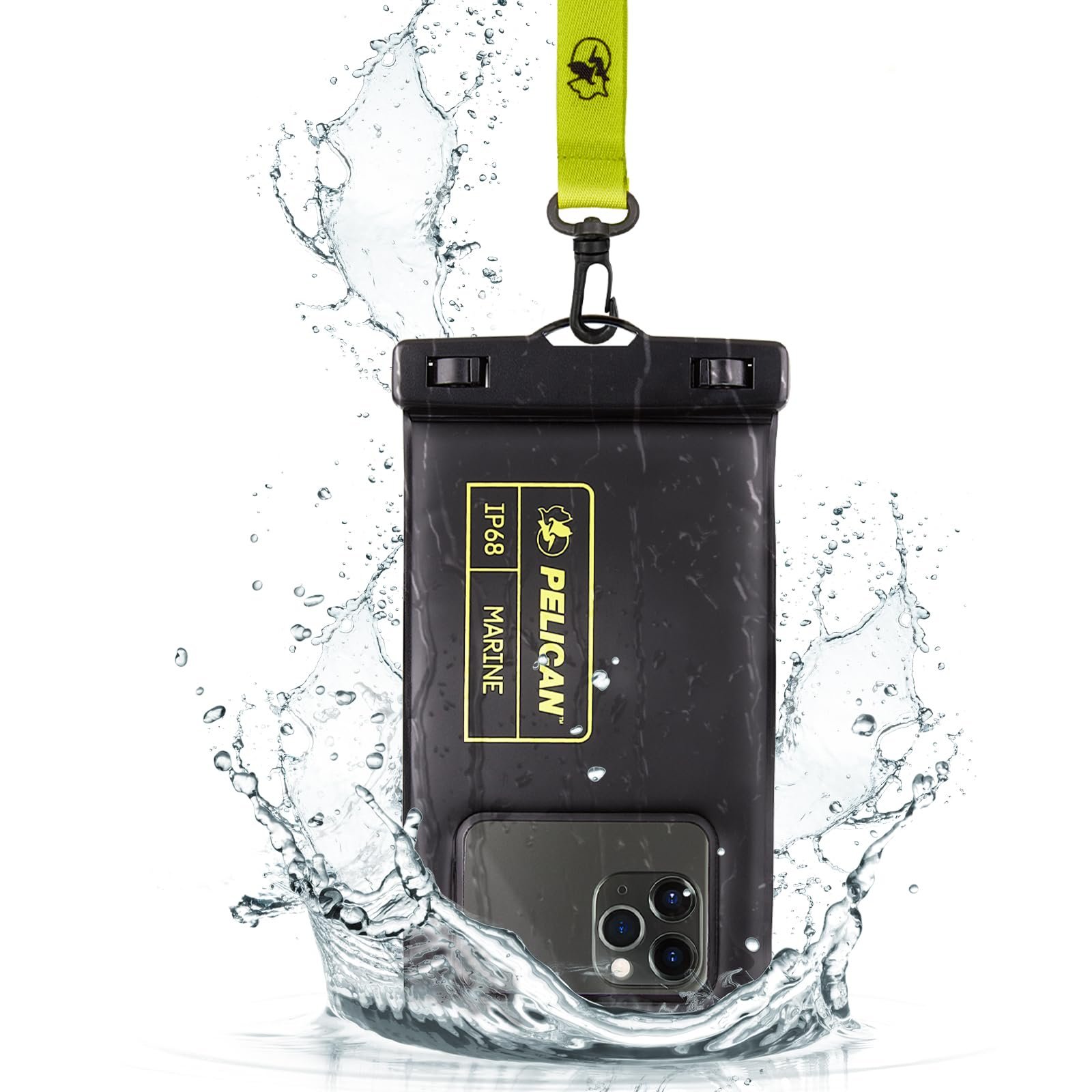 Pelican Marine - IP68 Waterproof Phone Pouch (Regular Size) Floating Waterproof Phone Case - Beach Cruise Ship Travel Essentials - Works with All Phones - Detachable Lanyard - Black/Hi-Vis Yellow - Product Image