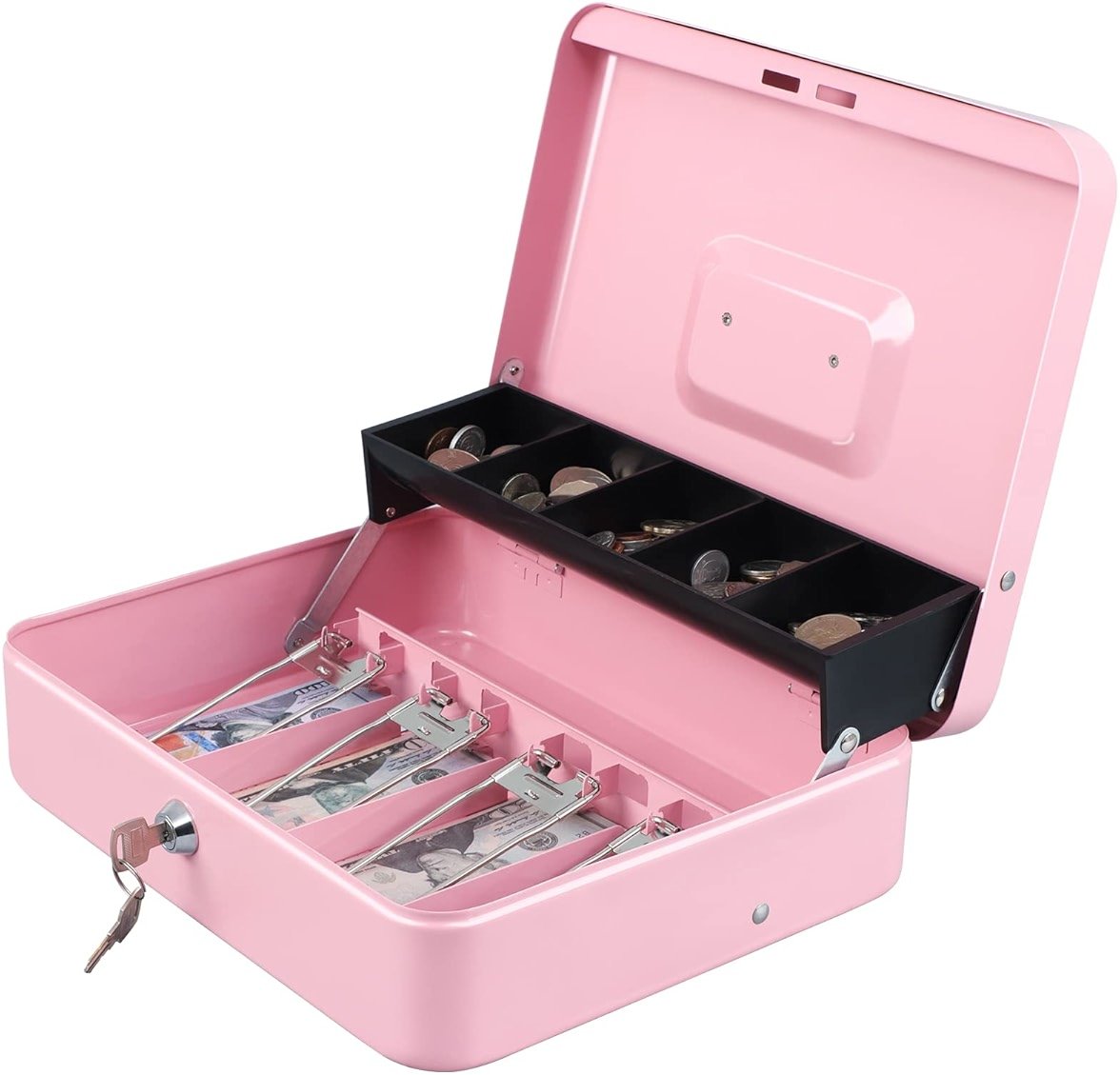 xydled Cash Box with Money Tray and Key Lock,Tiered, Cantilever Design,4 Bill / 5 Coin Slots,11.8" x 9.5" x 3.5",Pink - Product Image