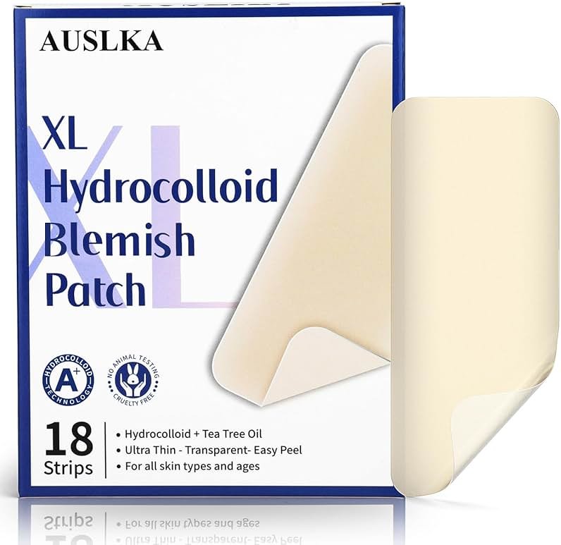 AUSLKA Large Blemish Patches, XL Pimple Patch -18 Strips - Hydrocolloid Patch for Covering Zits - Spot Stickers - Vegan and Cruelty for Face and Skin - Product Image