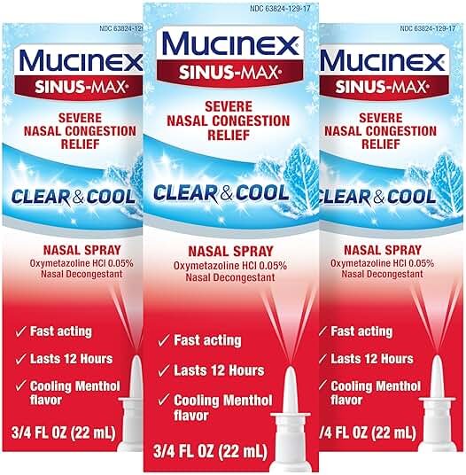 Mucinex Sinus-Max Nasal Spray Decongestant, 12 Hour Over-The-Counter Medication Nose Spray for Sinus Relief, Nasal Decongestants for Adults, Cooling Menthol, 0.75 Fl Oz (Pack of 3) - Product Image