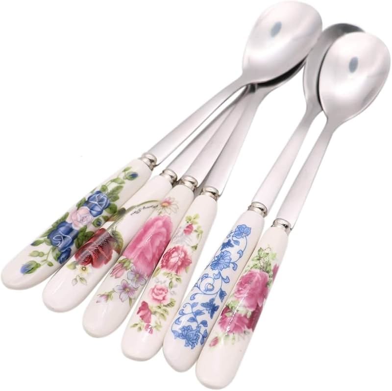 6 Pack Stainless Steel Coffee Spoon Ceramic Handle Teaspoon Sugar Ice Cream Desert Spoon Stirring Soup Tableware - Product Image
