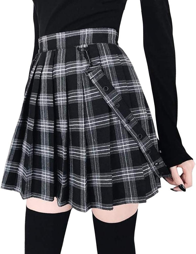 chouyatou Women's Cool Sweet A-Line Decorative Strap Plaid Pleated Mini Skirt - Product Image
