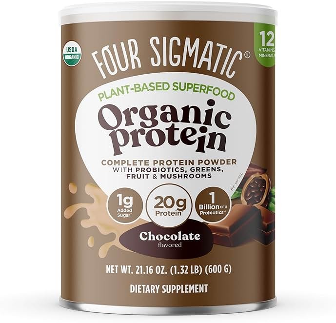 Four Sigmatic Organic Plant-Based Protein Powder | Clean Vegan Protein Elevated with Lion’s Mane, Chaga, Cordyceps and More for Brain Function and Immune Support | Creamy Cacao, 21.16 oz - Product Image