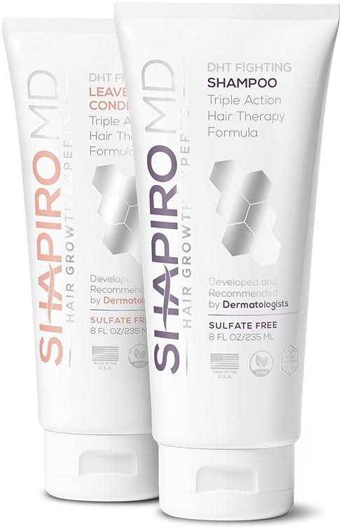 Shapiro MD Hair Growth Experts Shampoo and Leave in Conditioner, DHT Fighting Vegan Formula for Thinning Hair Developed by Dermatologists, Experience Healthier, Fuller Thicker Looking Hair, 1 Month - Product Image