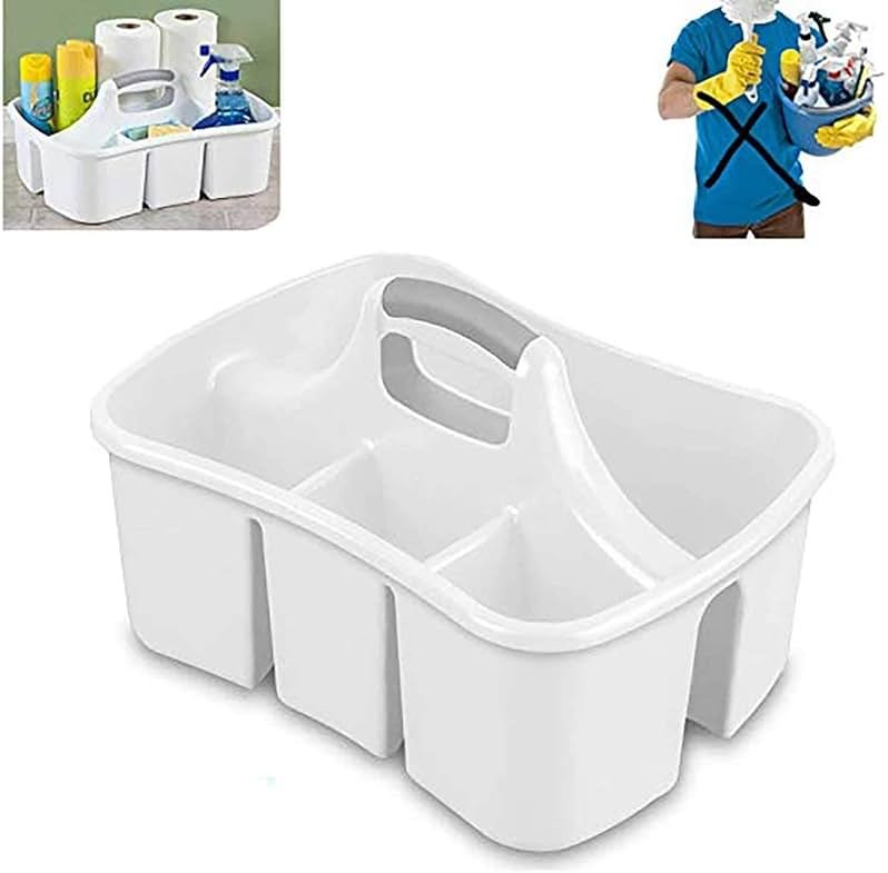 LavoHome Bath Caddie White - Totes with Divided Compartments and Handles for Organizing, Storing & Carrying Cleaning Supplies and Bathroom Accessories (Large Cleaning Caddy) - Product Image