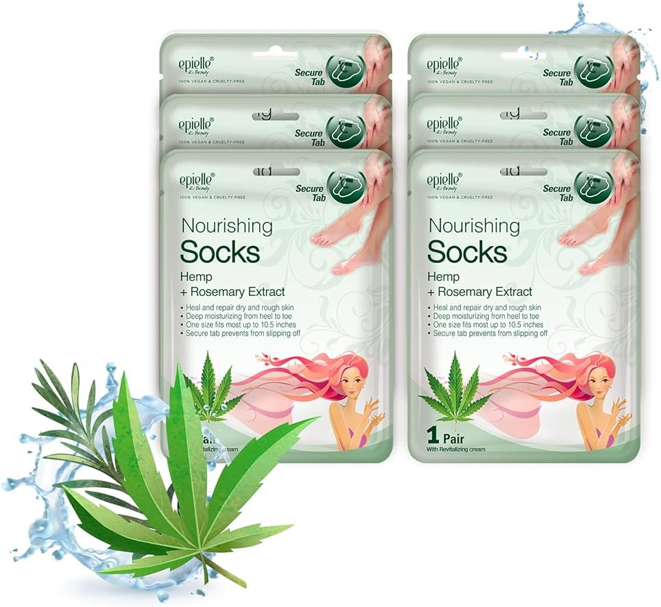 Epielle Nourishing Foot Mask 6 Pairs, Repair and Soften with Hemp & Rosemary Extract, Deep Moisturizing Socks for Dry, Cracked Feet, Self Care Gifts for Women, Spa Kit - Product Image