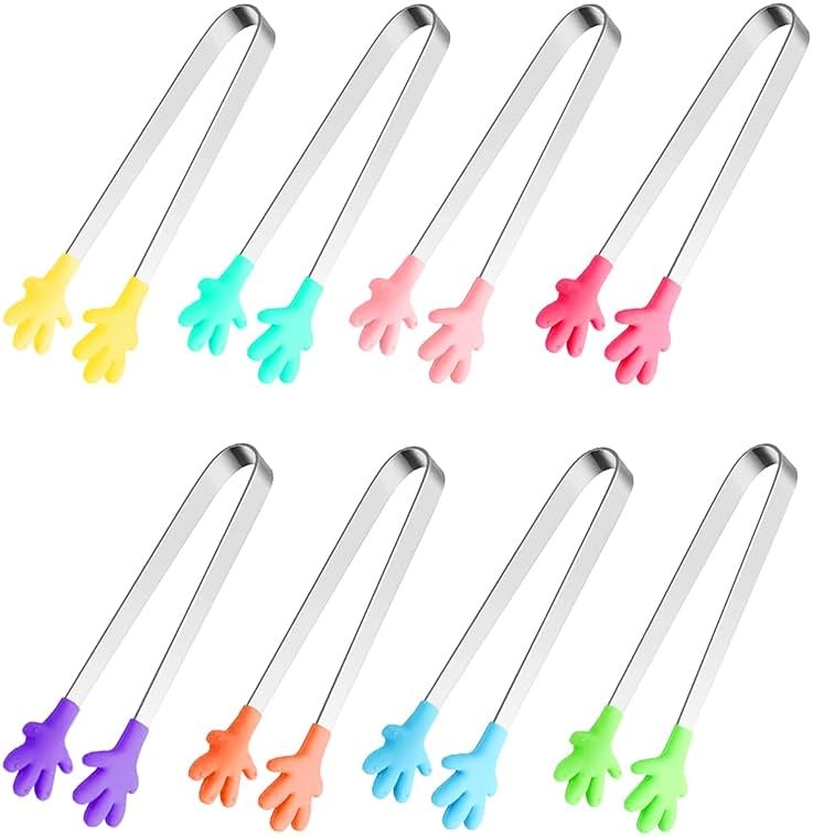 8PCS Silicone Mini Tongs, 5Inch Hand Shape Food Tongs, Colourful Small Kids Tongs for Serving Food, Ice Cube, fruits, Sugar, Barbecue by Sunenlyst (Palm sharp) - Product Image