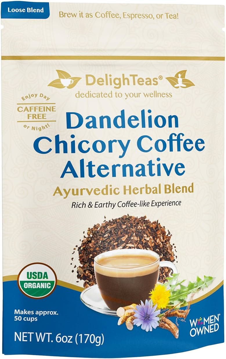 DelighTeas Organic Coffee Alternative | Ayurvedic Herbal Chicory Dandelion Coffee | Coffee Substitute | USDA Organic, Caffeine Free, Gluten Free | With Sweet Notes of Carob | 50 servings, 6oz. - Product Image