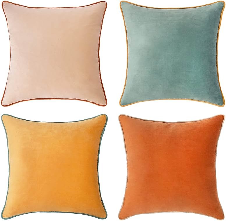 MONDAY MOOSE Decorative Throw Pillow Covers Cushion Cases, Set of 4 Soft Velvet Modern Double-Sided Designs, Mix and Match for Home Decor, Pillow Inserts Not Included (18x18 inch, Orange/Teal) - Product Image