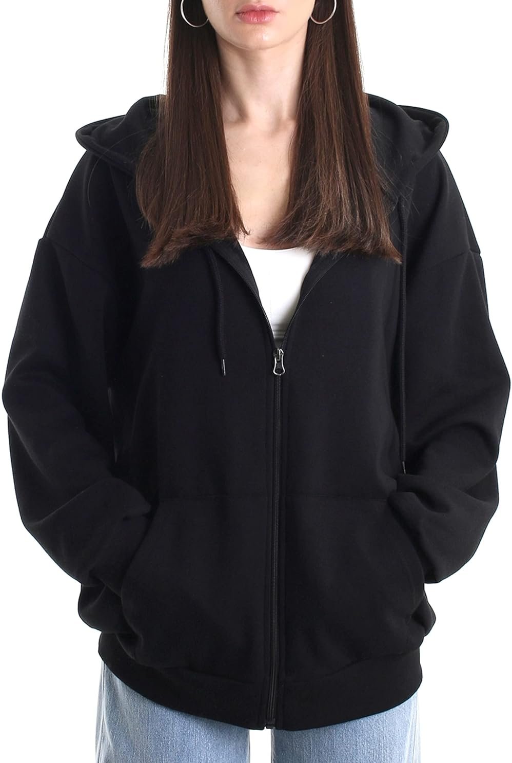 MAJECLO Oversized Women's Zip Up Hoodie Lightweight Soft Baggy Drop Shoulder Sweatshirt Jacket - Product Image