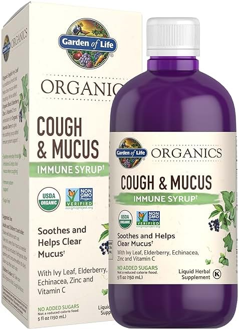 Garden of Life Organics Elderberry Zinc Immune Support for Adults and Kids 12 and Older, Organic Cough & Mucus Immune Syrup with Ivy Leaf, Vitamin C and Echinacea, No Added Sugars, 5 Fl oz - Product Image