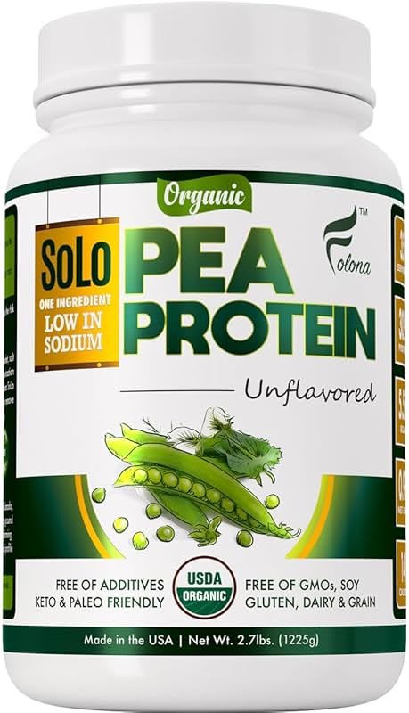 SOLO Organic Pea Protein Isolate, Low in Sodium, Canada Grown Peas, 100% Vegan, Non-GMO, Unflavored Plant Based Protein Powder with BCAA, Keto & Paleo Friendly, Easy to Digest, No Additives (2.7 lbs) - Product Image