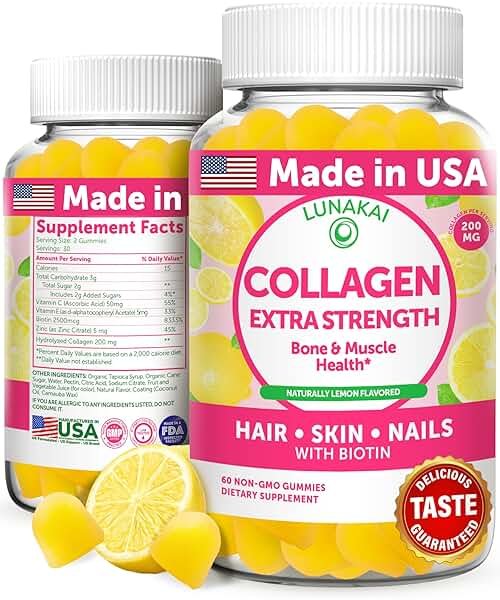 Lunakai USA Made Collagen Peptides Gummies - 200mg Non-GMO Anti-Aging Formula with Biotin, Zinc, Vitamins C & E for Hair, Skin and Nails, 60ct - Product Image