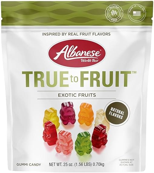 Albanese World's Best True to Fruit Exotic Fruits | 25oz Bag of Candy | 8 Natural Flavors and Colors, Soft Gummy Bears | Fuji Apple and More | Tastes like Real Fruit Picked at the Peak of Ripeness - Product Image