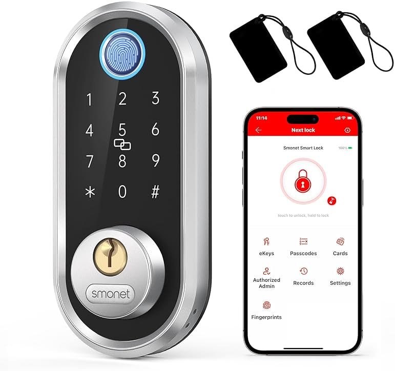 Smart Deadbolt, SMONET Fingerprint Electronic Deadbolt Door Lock with Keypad-Bluetooth Keyless Entry Front Door Digital Keypad App Control, Ekeys Sharing, App Monitoring Auto Lock for Homes and Hotel - Product Image
