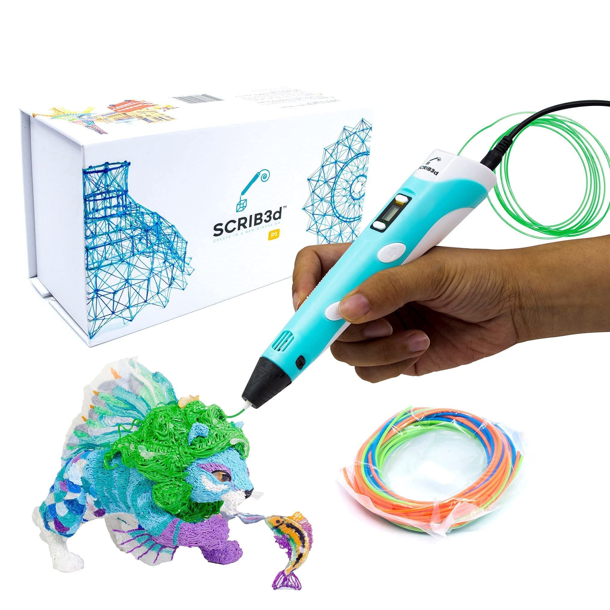 SCRIB3D P1 3D Printing Pen with Display - Includes 3D Pen, 3 Starter Colors of PLA Filament, Stencil Book + Project Guide, and Power adapter - Product Image