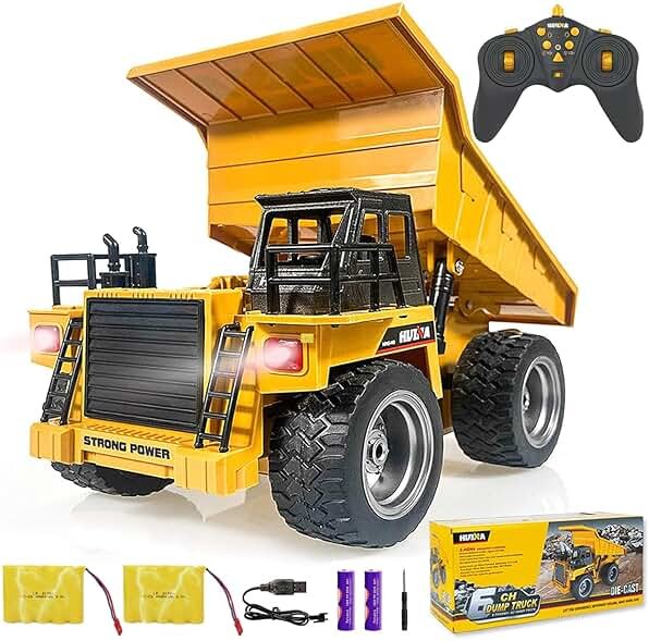 kkny Remote Control Construction Dump Truck Toy 2.4G RC 6 Channel Bulldozer 4 Wheel Driver Mine Construction Alloy Metal Vehicle Truck 1:18 with 2 Rechargeable Batteries for Boys Birthday Gift Age 6+ - Product Image