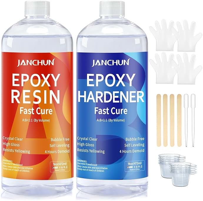 JANCHUN Crystal Clear Epoxy Resin Kit 32OZ, Bubble-Free, Anti-Yellowing, Self Leveling Easy Mix 1:1 Coating and Casting Resin for Table Top, Molds, Tumbler Crafts, Painting, Jewelry, DIY Gifts - Product Image