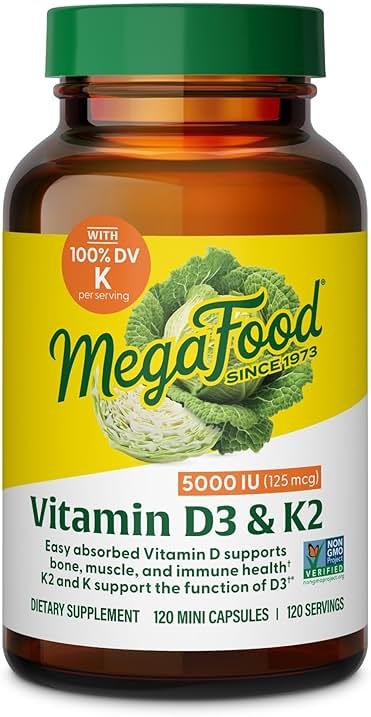 MegaFood Vitamin D3 5000 IU (125 mcg) - Vegetarian Supplements with Vitamin D3 K2 - Supports Bones, Teeth, Muscles & Immune Health - Certified Non-GMO - 120 Mini Capsules, 120 Servings - Product Image