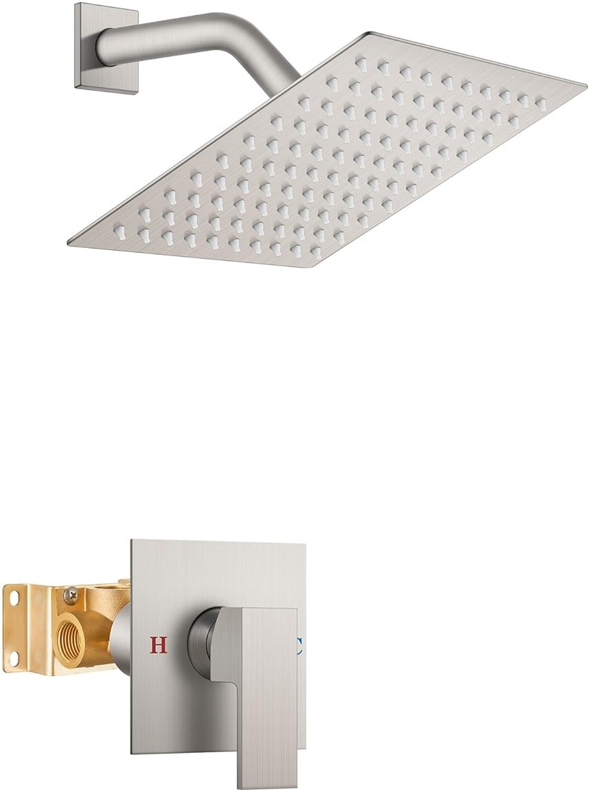 Airuida Shower Faucet Set Bathroom Rain Shower System 8 Inch Square Showerhead Single Function 1 Handle Trim Kit with Female Thread Rough-in Valve Cover Plate with H and C Labels Brushed Nickel - Product Image